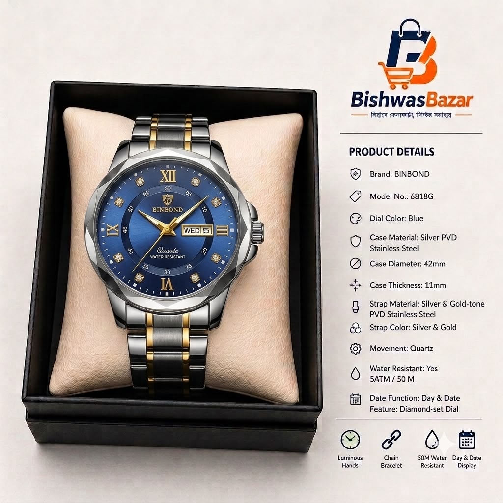 BINBOND 6818G Premium Quartz Stainless Steel Watch