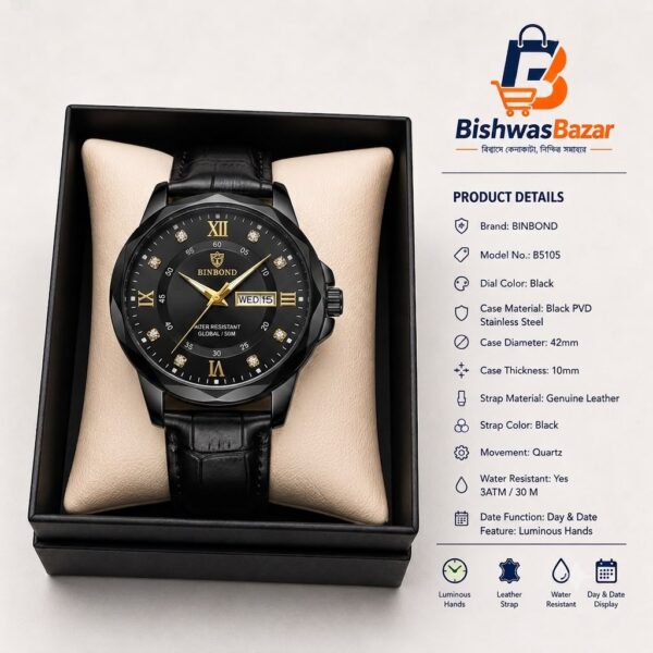 BINBOND 6818G Premium Blue Dial Quartz Watch