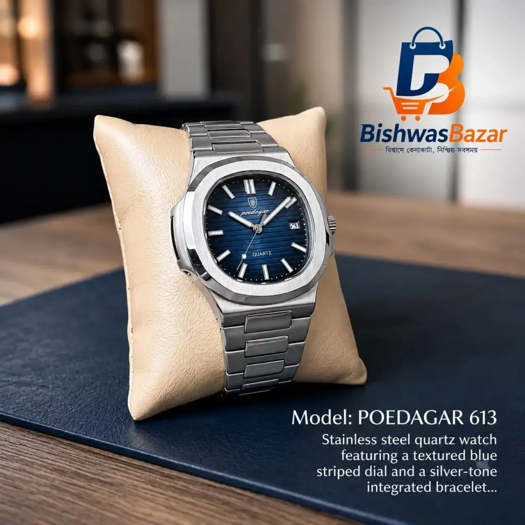 POEDAGAR 613 Premium Stainless Steel Quartz Watch – Blue Dial